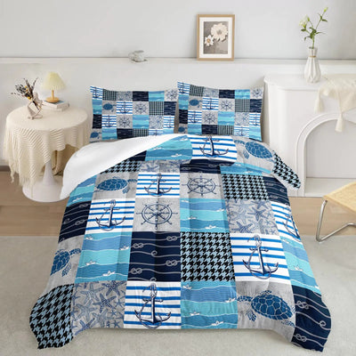 Axolotl Coastal Bedding Queen SizeBlue Ocean Beach Themed Bedding Set with Starfish TurtleAnchor Comforter Set for Kids Boys Teens Adult All SeasonNautical Comforter1 Quilt 2 Pillowcases - 3R Family Store