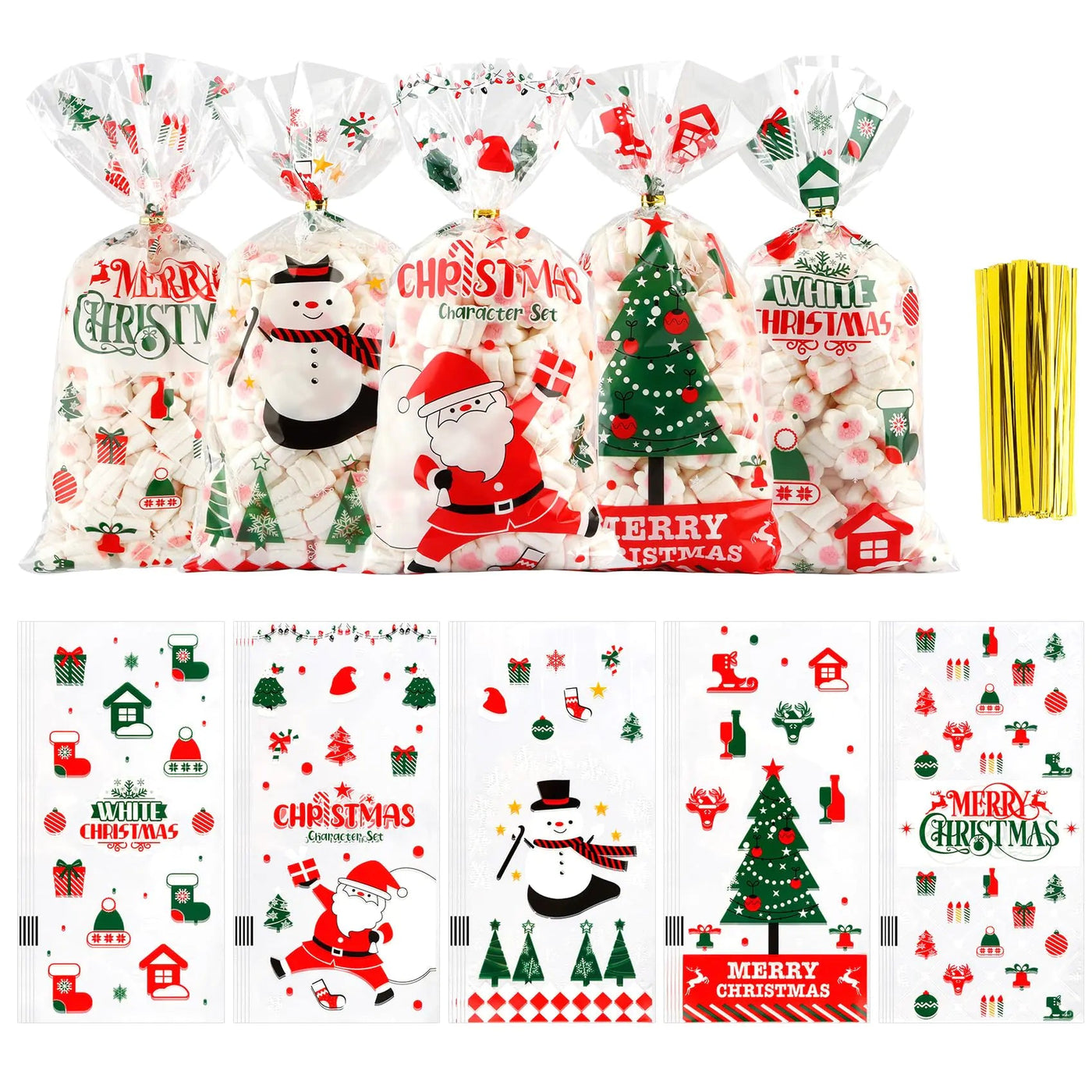 BOEIAC Christmas Cellophane Treat Bags 100 Pack Christmas Treat Bags 5.04x10.63 Inch Plastic Treat Candy Bags with 100 Pcs Twist Ties for Cookie Goodies Gift Present Bags Xmas Party Favor Supplies - 3R Family Store