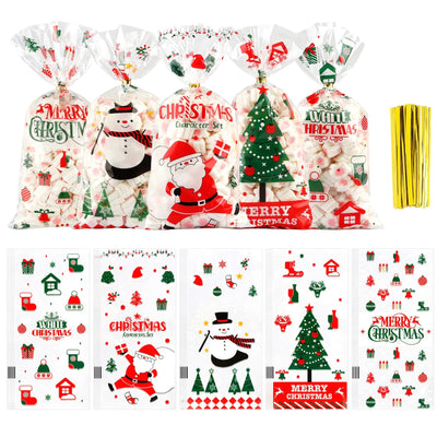 BOEIAC Christmas Cellophane Treat Bags 100 Pack Christmas Treat Bags 5.04x10.63 Inch Plastic Treat Candy Bags with 100 Pcs Twist Ties for Cookie Goodies Gift Present Bags Xmas Party Favor Supplies - 3R Family Store