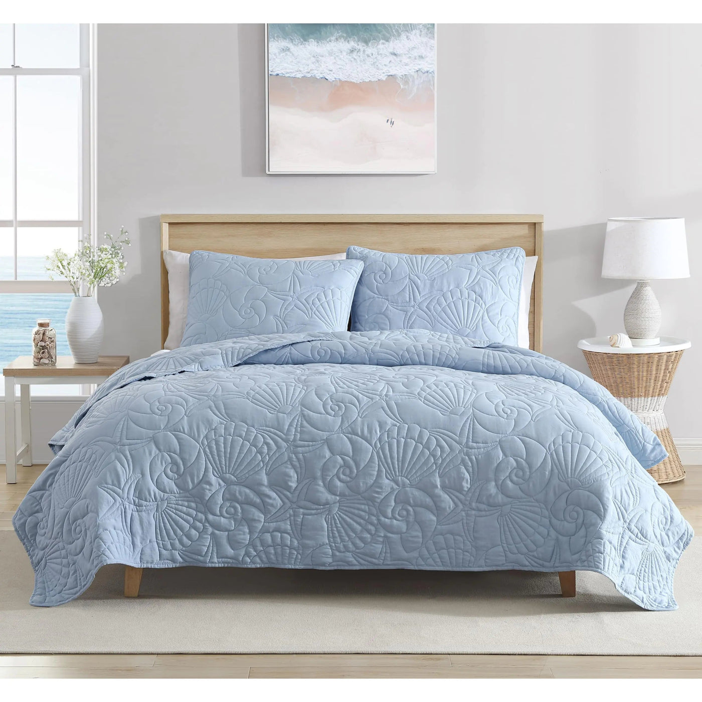 CARIBBEAN JOE Twin Outlined Shell 2 - Piece Quilt Set Coastal Beach Design Bedding Blue - 3R Family Store