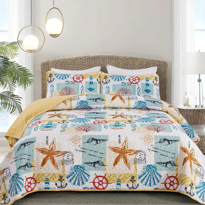 DJY Quilt Set King Coastal Beach Theme Quilt Coverlet Set Soft Microfiber Reversible Bedspread with 2 Pillow Shams 3 Pieces Coastal Bedding Quilt for All Season 90"x104" - 3R Family Store