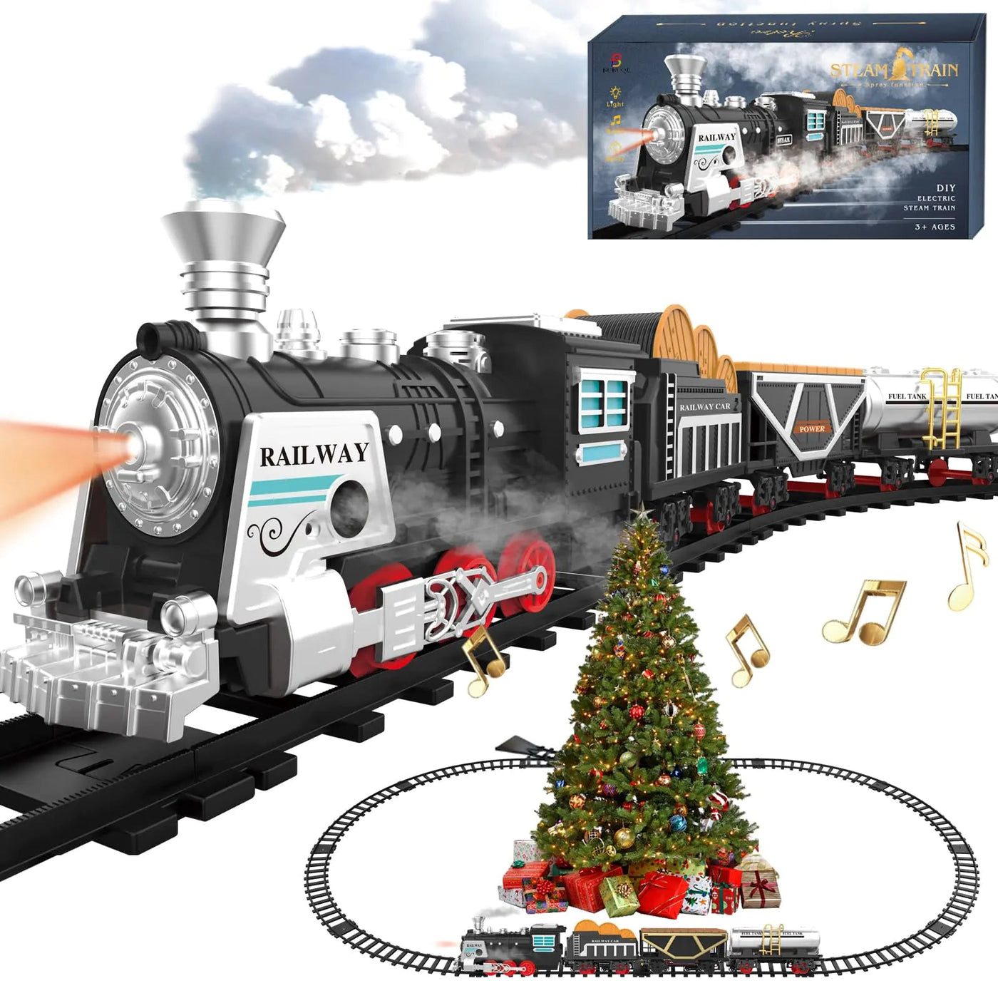 Electric Train Set Christmas Train Toys w/SmokesLights& Sound (ON/Off) Kids Rechargeable Train Set w/Steam Locomotive Cargo Cars & Tracks Christmas Birthday Gift for Boys Girls 3 4 5 6 7 - 3R Family Store