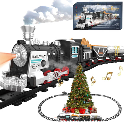 Electric Train Set Christmas Train Toys w/SmokesLights& Sound (ON/Off) Kids Rechargeable Train Set w/Steam Locomotive Cargo Cars & Tracks Christmas Birthday Gift for Boys Girls 3 4 5 6 7 - 3R Family Store