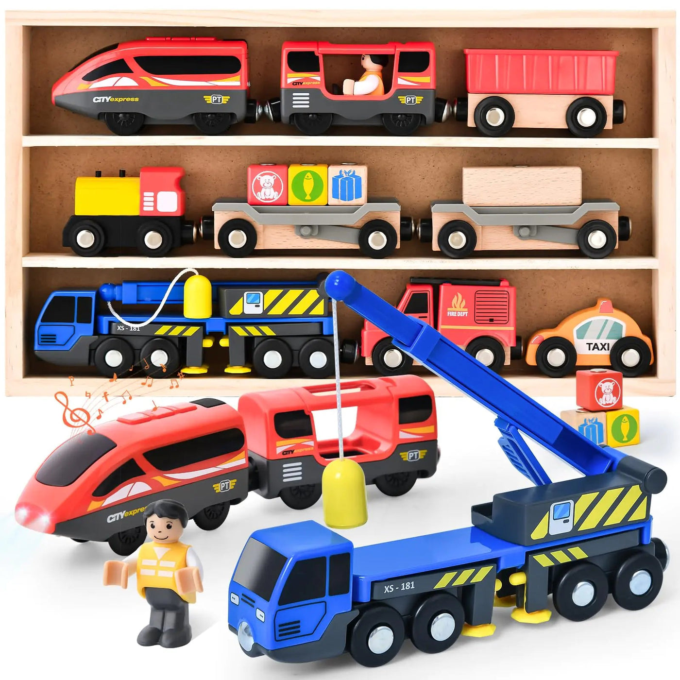 Electric Train Set Toys Wooden Magnetic Cars - Locomotive Auto Reverse/Park/Sound/Light Gift for 3 4 5 6 Year Old Toddlers Kids Boys Truck Trains Toy Compatible with Common Wooden Train Tracks - 3R Family Store