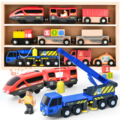 Electric Train Set Toys Wooden Magnetic Cars - Locomotive Auto Reverse/Park/Sound/Light Gift for 3 4 5 6 Year Old Toddlers Kids Boys Truck Trains Toy Compatible with Common Wooden Train Tracks - 3R Family Store