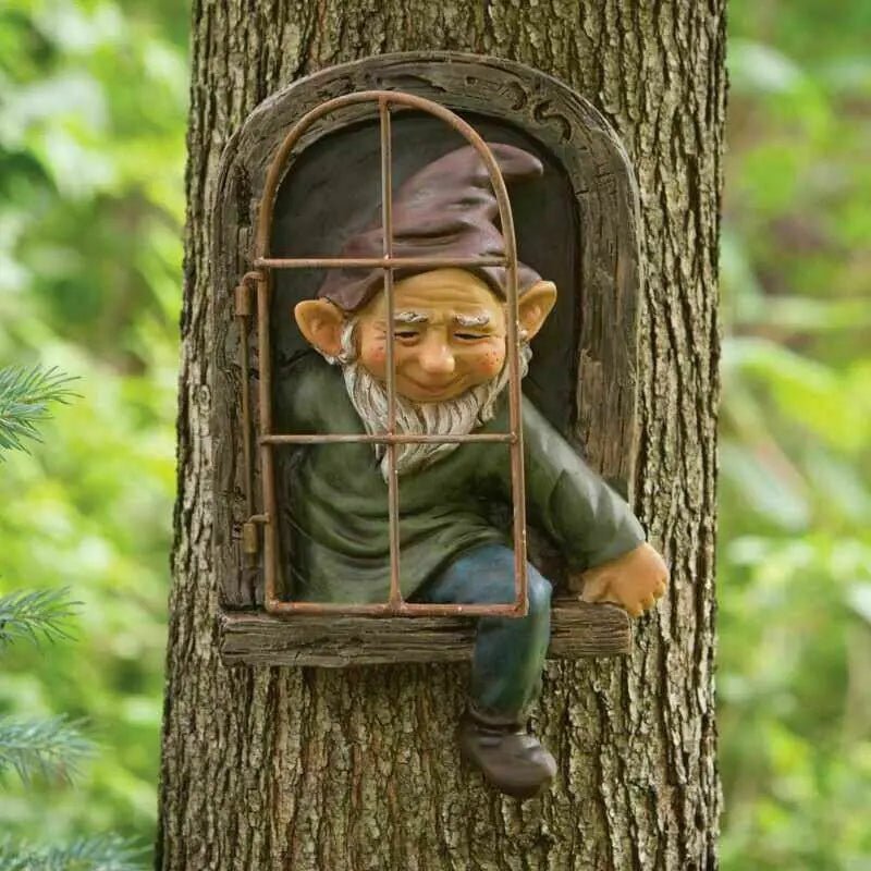 Elf Out The Door Window Tree Hugger Garden Gnome Statue - 3R Family Store