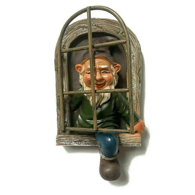 Elf Out The Door Window Tree Hugger Garden Gnome Statue - 3R Family Store