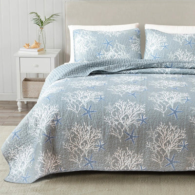 Full / Queen Coastal Quilt Bedding Set Summer Coastal Quilt with Shams Beach 3 - Piece Reversible All Season Bedspread Quilt Set. Lightweight Nautical Quilted Coverlet. Fenwick Collection Pearl Blue - 3R Family Store