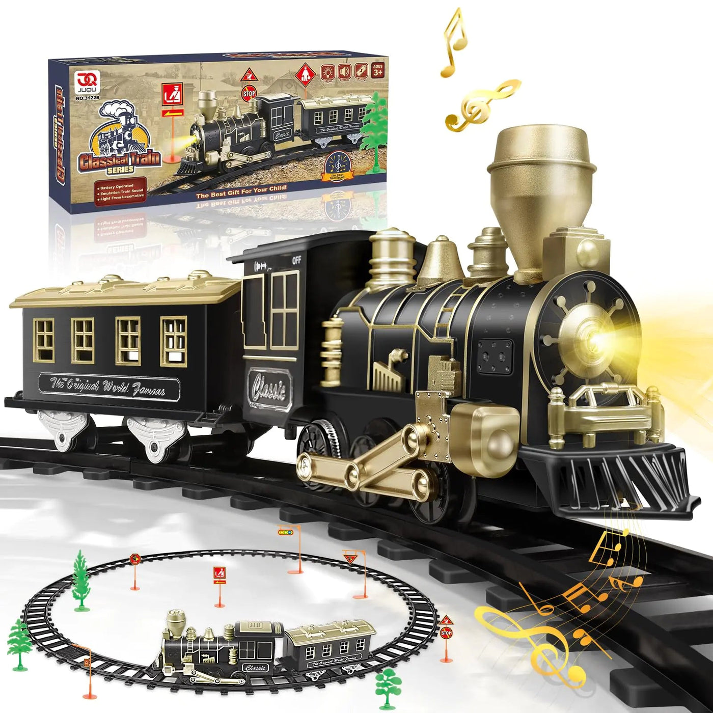 JUQU Train Set - Train Toys for Boys w/Lights & Sounds (ON/Off) Toddler Toy Train Sets w/Locomotive Engine Cars& Tracks Christmas Train Gift for 3 4 5 6 7 8+ Year Old Kids Birthday Gifts - 3R Family Store
