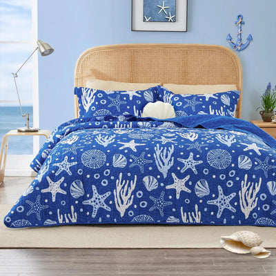 Loves cabin King Size Quilt Bedding Set Coastal Blue Bedspreads - Summer Beach Nautical Quilt Lightweight Bedspread - Reversible Bedding Coverlet for All Season - 3 Piece (1 Quilt 2 Pillow Shams) - 3R Family Store