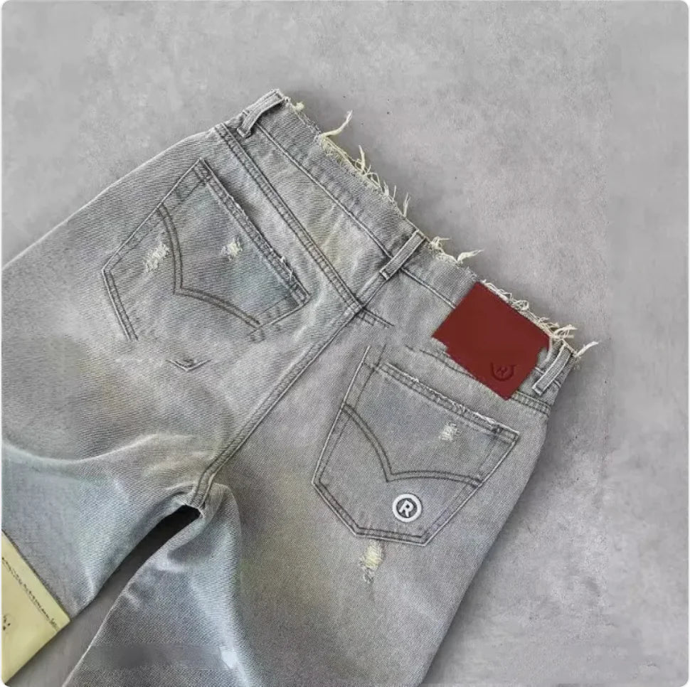 Men's Straight Leg Ripped Jeans with Embroidery – European and American Style - 3R Family Store