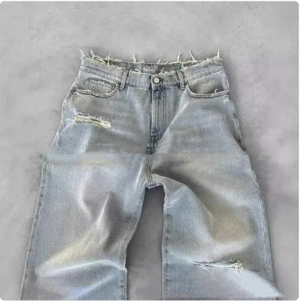 Men's Straight Leg Ripped Jeans with Embroidery – European and American Style - 3R Family Store