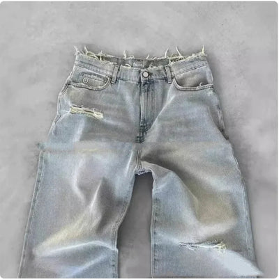 Men's Straight Leg Ripped Jeans with Embroidery – European and American Style - 3R Family Store