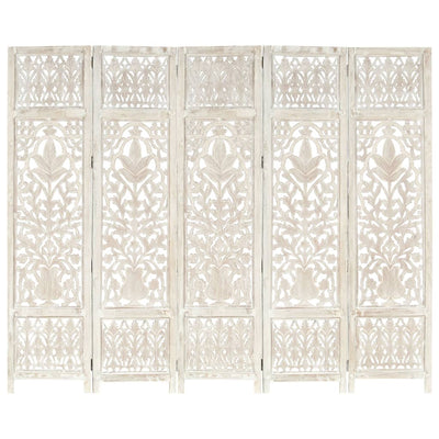 NNEVL Hand carved 5 - Panel Room Divider White 200x165 cm Solid Mango Wood - 3R Family Store