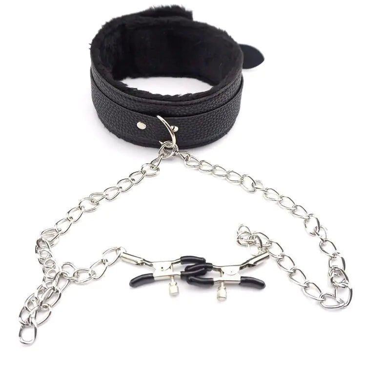 PU Leather Collar With Nipple Clamps SM Bondage Play Sex Toys For Couples BDSM - 3R Family Store