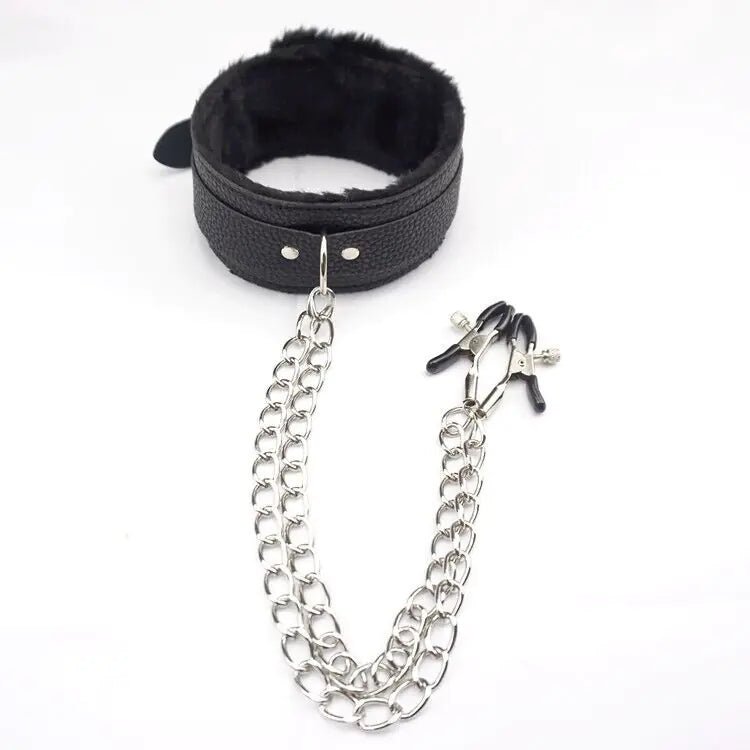 PU Leather Collar With Nipple Clamps SM Bondage Play Sex Toys For Couples BDSM - 3R Family Store