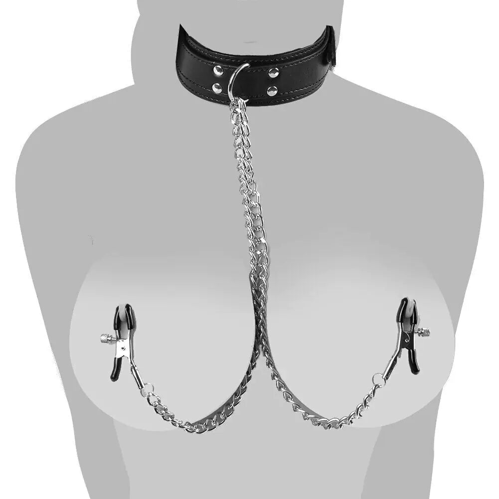 PU Leather Collar With Nipple Clamps SM Bondage Play Sex Toys For Couples BDSM - 3R Family Store