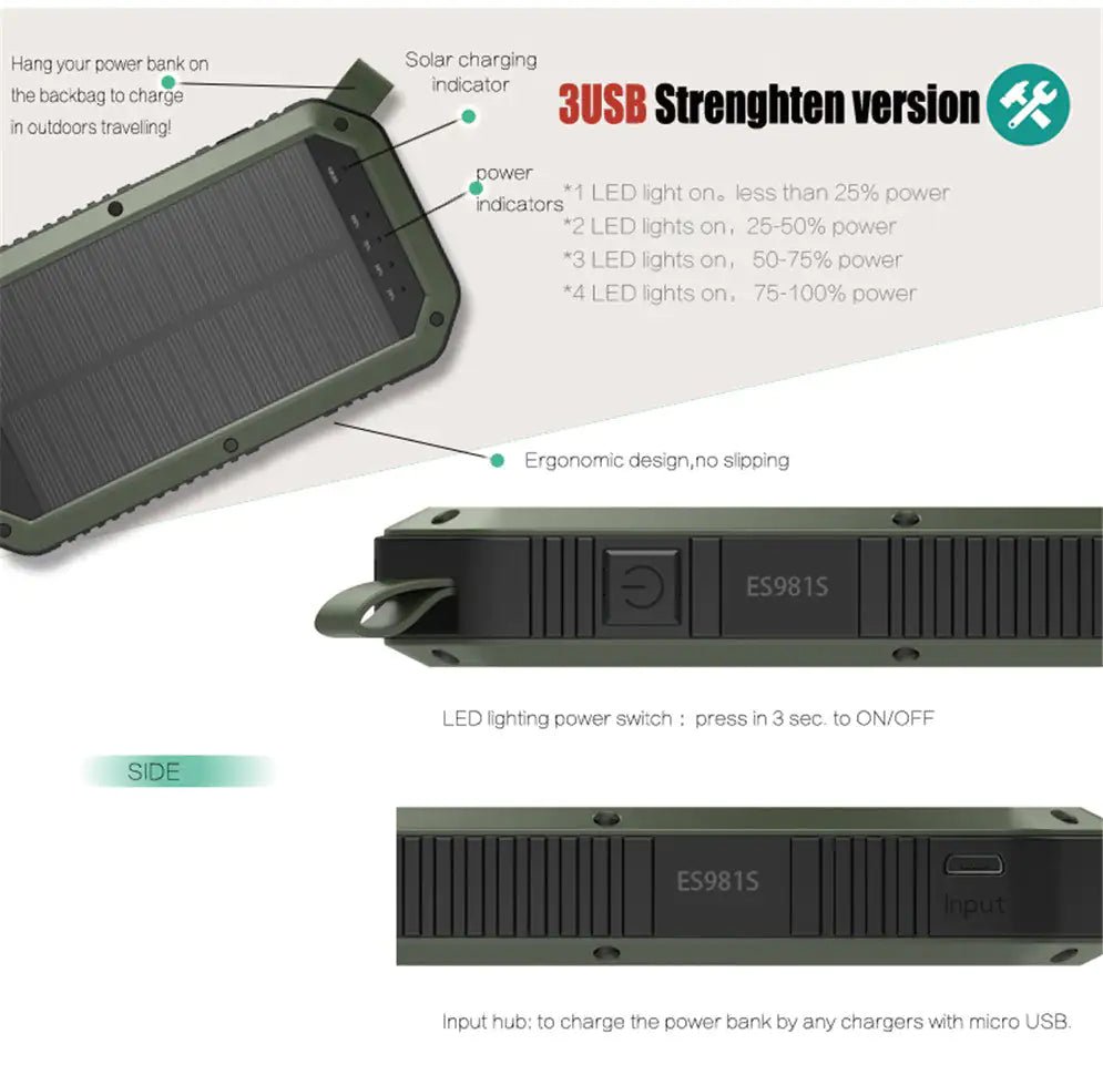 Sun Chaser Mini Solar Powered Wireless Phone Charger 10,000 mAh With LED Flood Light - 3R Family Store