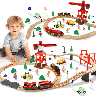 TOY Life Train Set 80pcs Train Toys with Crane & Locomotive Train Train Set for Kids 4 - 8 Wooden Train Tracks Toy Train Set for Toddlers 3 4 5 Kids Train Set Gift Toy Fits Thomas Brio Tracks - 3R Family Store