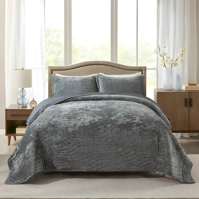 Travan Luxury Velvet Quilt Set King Size Ultra Soft Velvet Bedding Sets Lightweight Quilted King Quilt Bedding Set Oversized Bedspread Coverlet with 2 Shams for All Season Gray - 3R Family Store