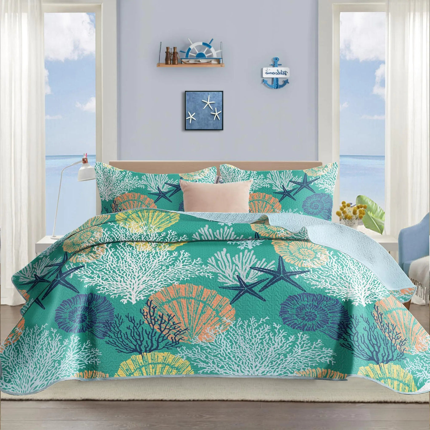 Tritard 3 Piece Coastal Quilt Sets Full/Queen Size - Reversible Microfiber Quilts with 2 Shams Soft Lightweight Beach Bedding Nautical Bedspread Coverlet Summer Comforter for All Season 90x96 C3 - 3R Family Store