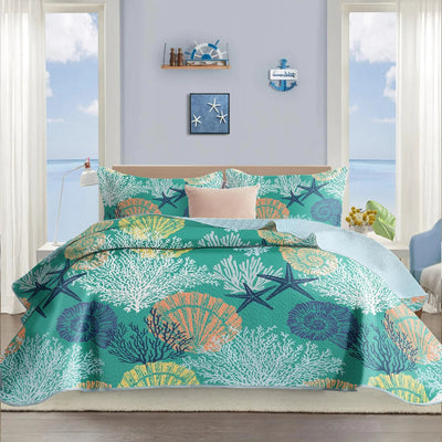 Tritard 3 Piece Coastal Quilt Sets Full/Queen Size - Reversible Microfiber Quilts with 2 Shams Soft Lightweight Beach Bedding Nautical Bedspread Coverlet Summer Comforter for All Season 90x96 C3 - 3R Family Store